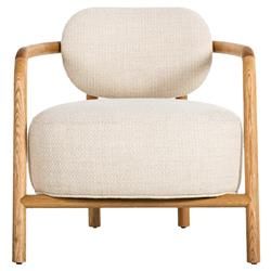 Thomas Modern Classic White Upholstered Boucle Brown Oak Arm Chair | Kathy Kuo Home