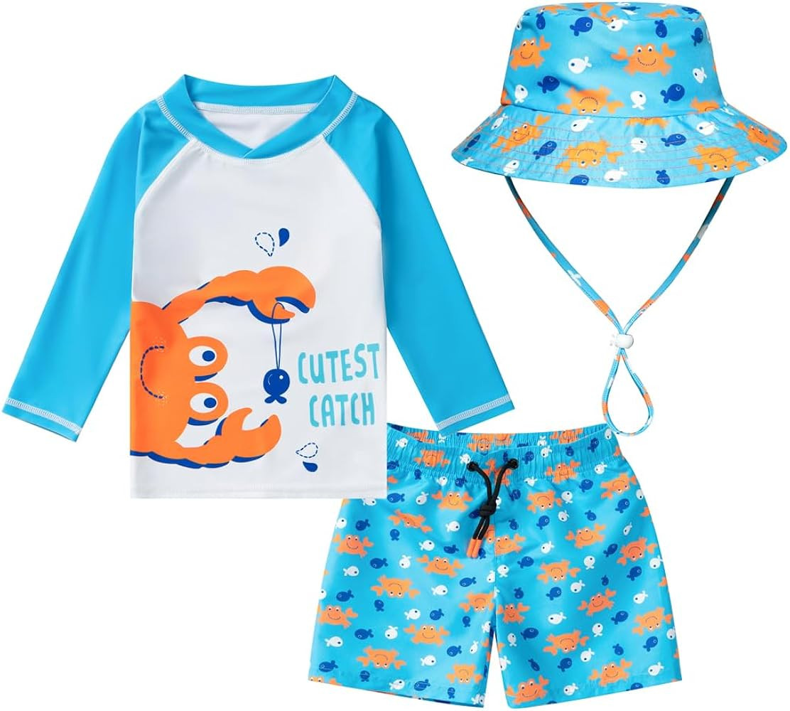 Baby-Boys Toddler Long Sleeved Rashguard Swim Bathing Suit and Sun Hat Set | Amazon (US)