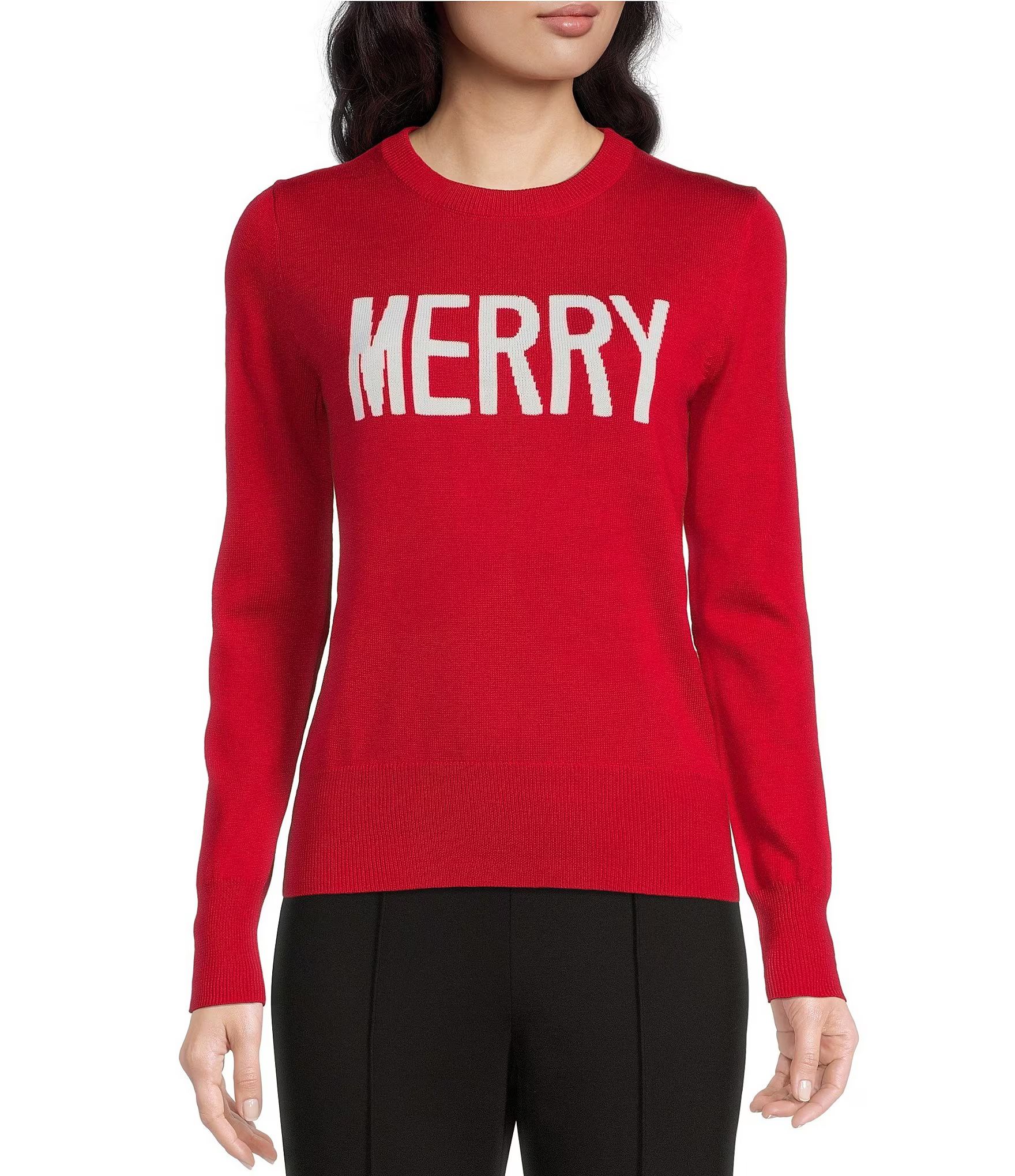 Merry Script Print Crew Neck Long Sleeve Festive Sweater | Dillard's