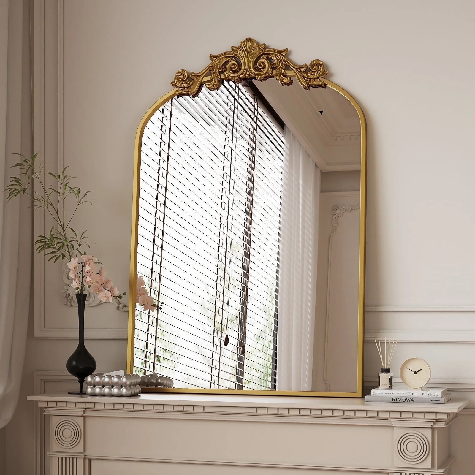 BEAUTYPEAK 38"x24" Arched Bathroom Mirror Baroque Style Wall Decor,Gold | Walmart (US)