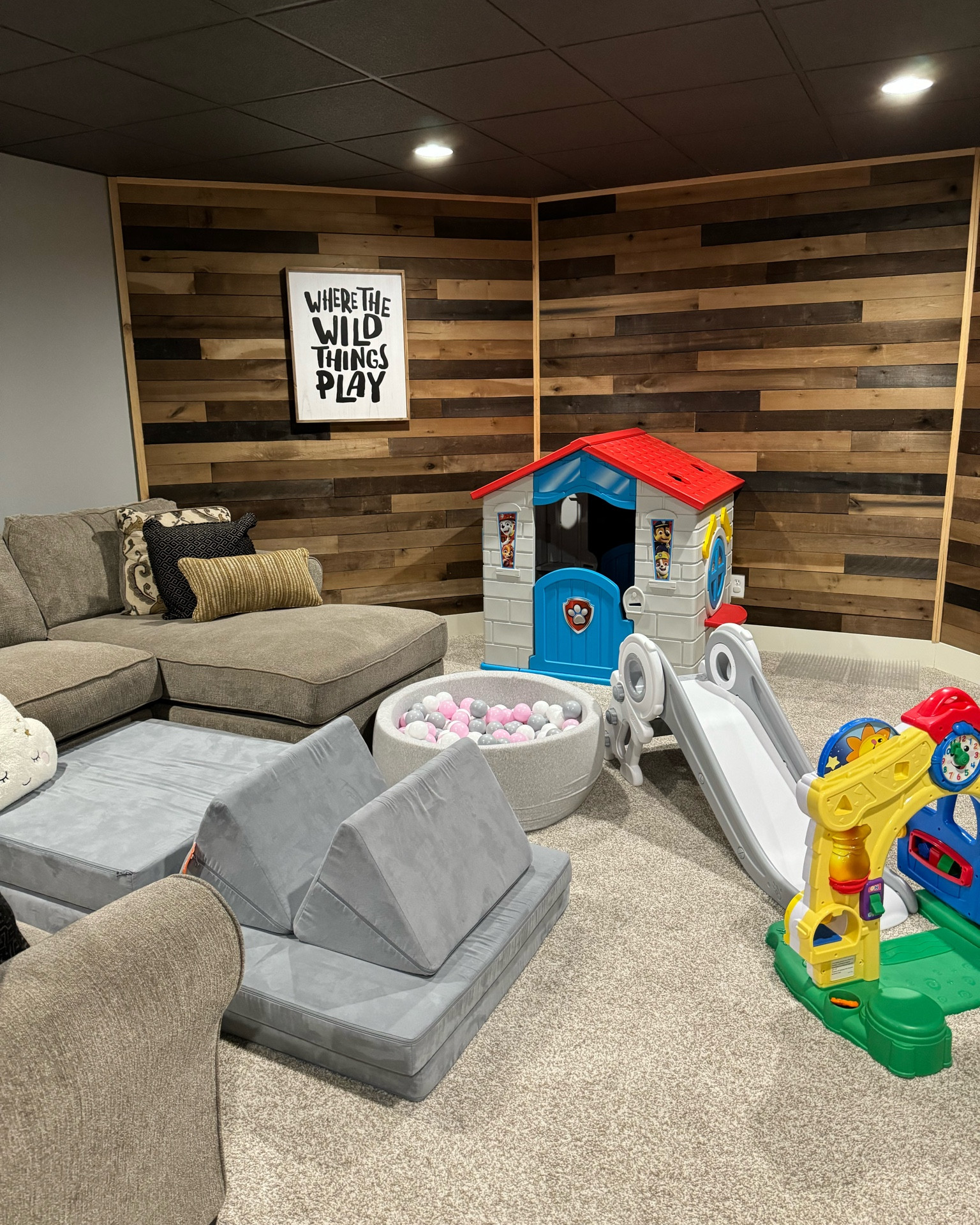 Playroom. Toddler playroom favorites. Ball pit. Toddler toys. Toddler slide. Toddler house. Playroom decor. Playroom inspo. Basement playroom. 

#LTKFamily #LTKHome #LTKKids