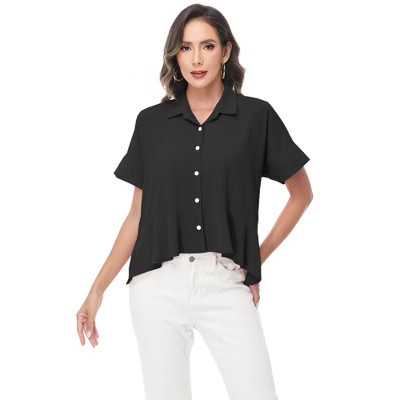 Anna-Kaci Women's Short Sleeve Button-Up Blouse with Peplum Hem and Classic Collar - Small, Black | Target