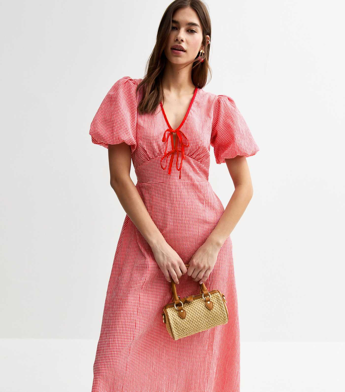Red Gingham Check Tie Neck Midi Dress | New Look | New Look (UK)