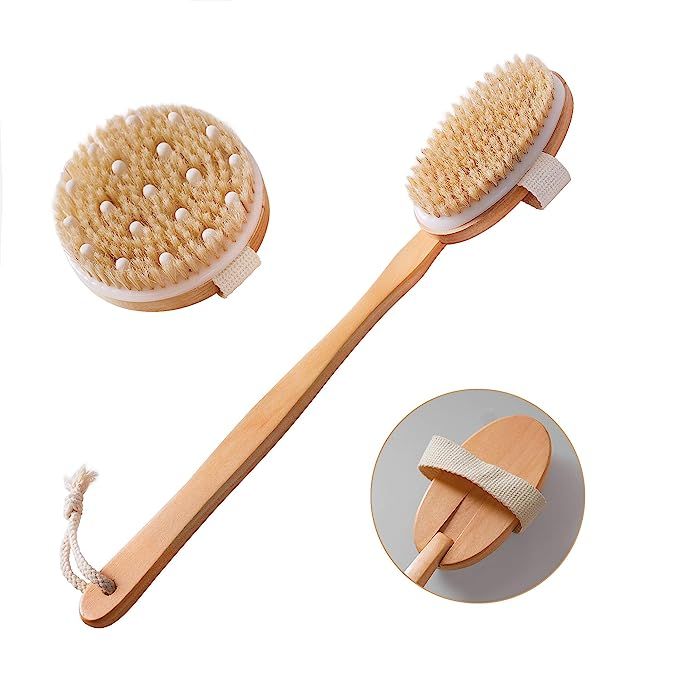 Dry Brushing Body Brush Set of 2, Natural Bristle Dry Skin Exfoliating Brush, Long Handle Back Sc... | Amazon (US)