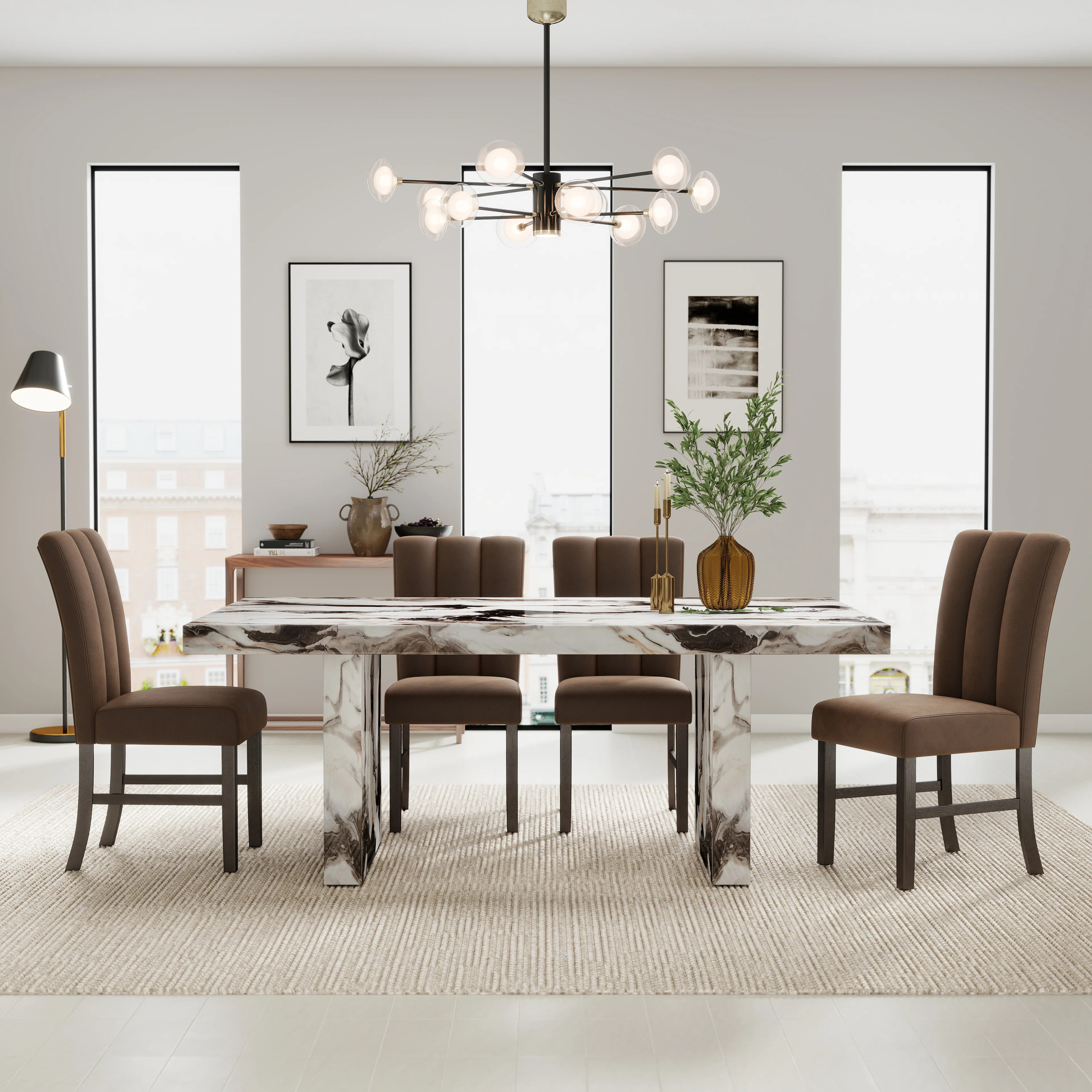 Roundhill Furniture Cavira 5-Piece Modern Faux Marble Dining Set, Double Pedestal Table with 4 Up... | Wayfair North America