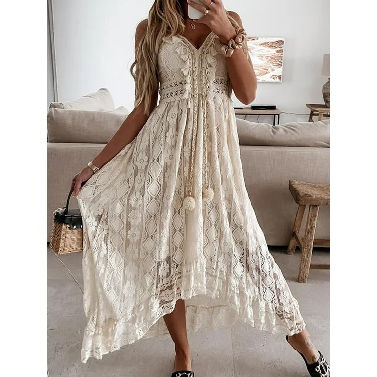 JBEELATE Womens Casual Boho Lace Floral V Neck Long Beach Dress Cocktail Party Maxi Wedding Dress... | Walmart (US)