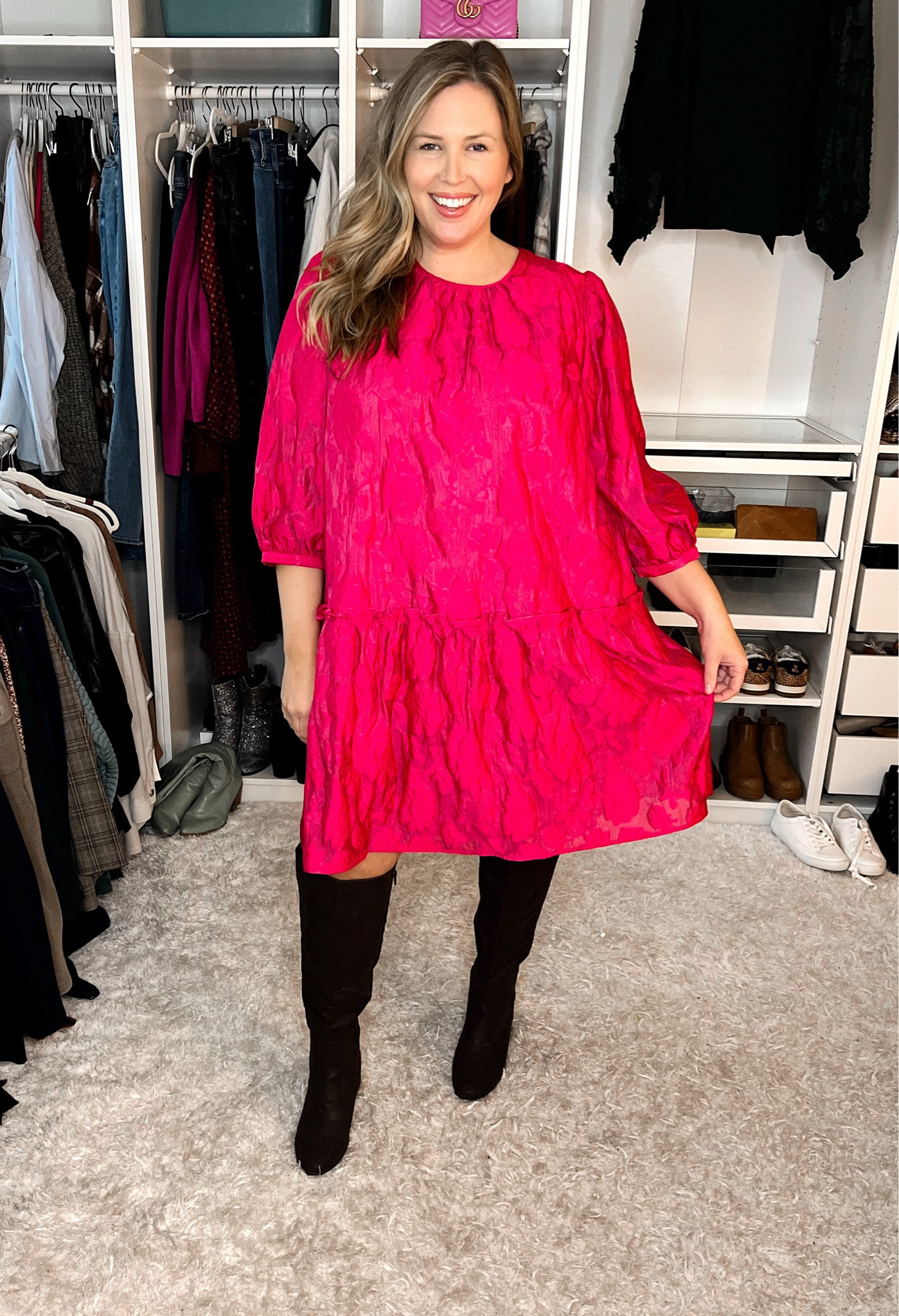 Who said all holiday attire needs to be red and green?? This dress runs generous and has pockets! I could probably have done a size down, but I am wearing the 2X here. The length is right above knees. Love these wide calf boots in chocolate brown - they’re so comfortable and perfect for dressing up or down!

#LTKstyletip #LTKSeasonal #LTKcurves