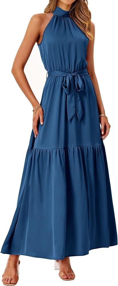 KIRUNDO 2023 Women Summer Sleeveless Halter Satin Maxi Dresses High Waist Elegant Wedding Party C... | Amazon (US)