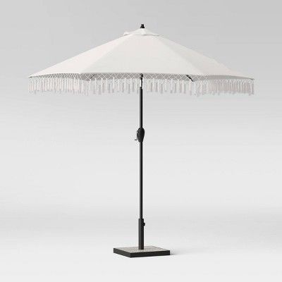 9' Round Fringed Patio Umbrella DuraSeason Fabric™ Linen - Black Pole - Opalhouse™ | Target