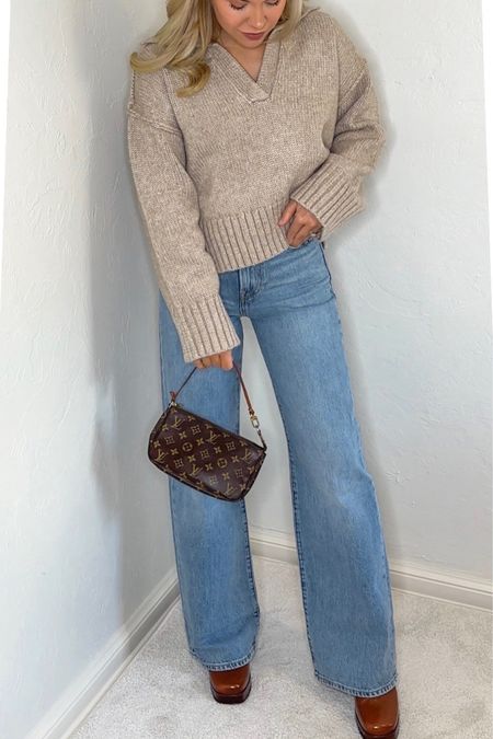 Wide leg jeans 
90s 
Vuitton 
Sweater 
Cropped sweater 
Sweater 
Boots
Fall Shoes 
Fall Sweater 
Fall outfits 
Fall outfit 
#ltkseasonal 
#ltku
#ltkstyletip 

#LTKitbag #LTKfindsunder100 #LTKshoecrush #LTKHoliday #LTKGiftGuide