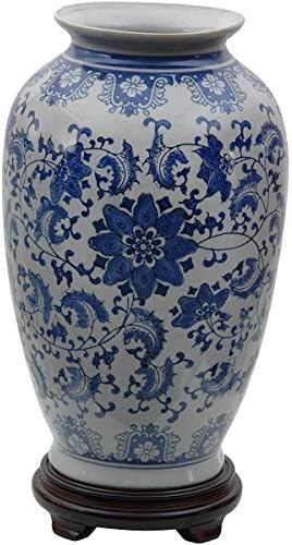 Oriental Furniture 14" Floral Blue & White Porcelain Tung Chi Vase | Amazon (US)