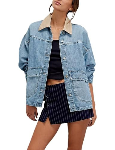 Lumister Womens Lightweight Oversized Denim Jacket with Contrast Trim Button Down Jean Coat with Pockets Outerwear | Amazon (US)