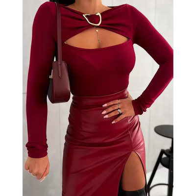 Women's Long Sleeve T-Shirt Cut-Out Front Slim Fit Stretch Basic Top Red S | Target