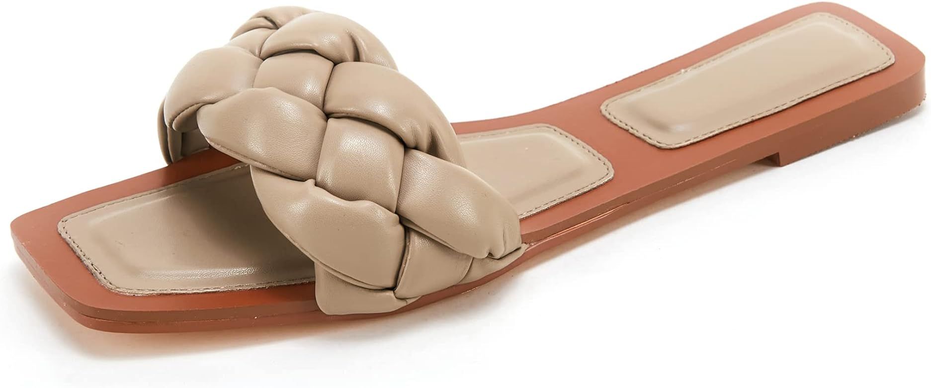 VETASTE Women's Braided Strap Slide Sandals Squared Open Toe Slip-on Leather Flat Slippers | Amazon (US)