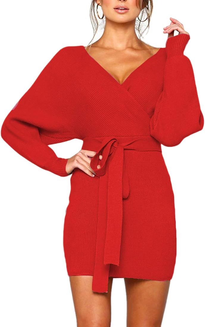 Mansy Women's Sexy Cocktail Batwing Long Sleeve Backless Mock Wrap Knit Sweater Mini Dress | Amazon (US)