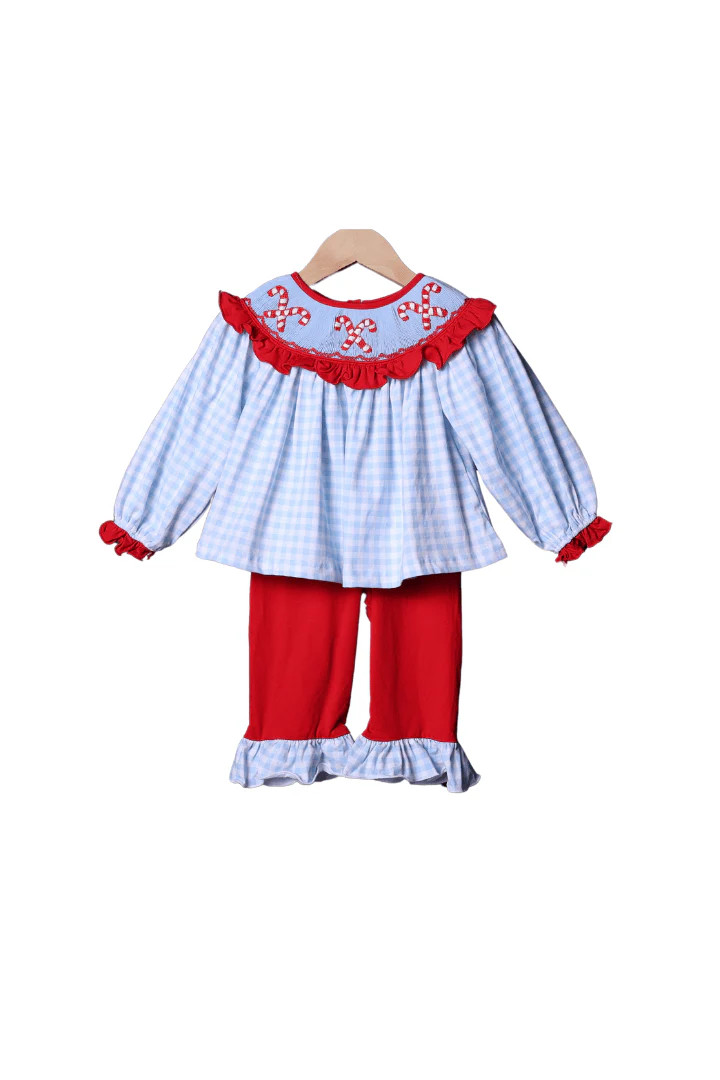 Smocked Blue Gingham Candy Cane Bishop Pant Set | The Smocked Flamingo