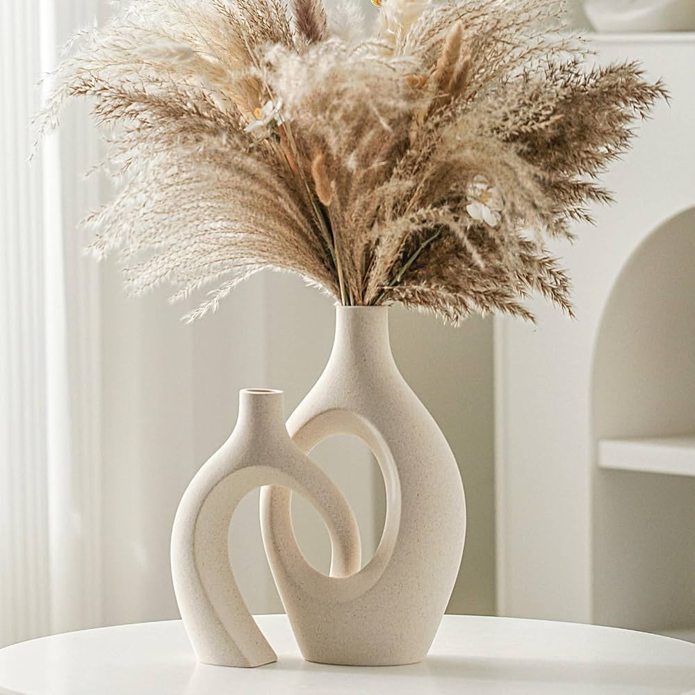 Snuggle Hollow Ceramic Vase Set of 2, Boho ins Style Round Nordic Mid Century Modern Aesthetic De... | Amazon (US)