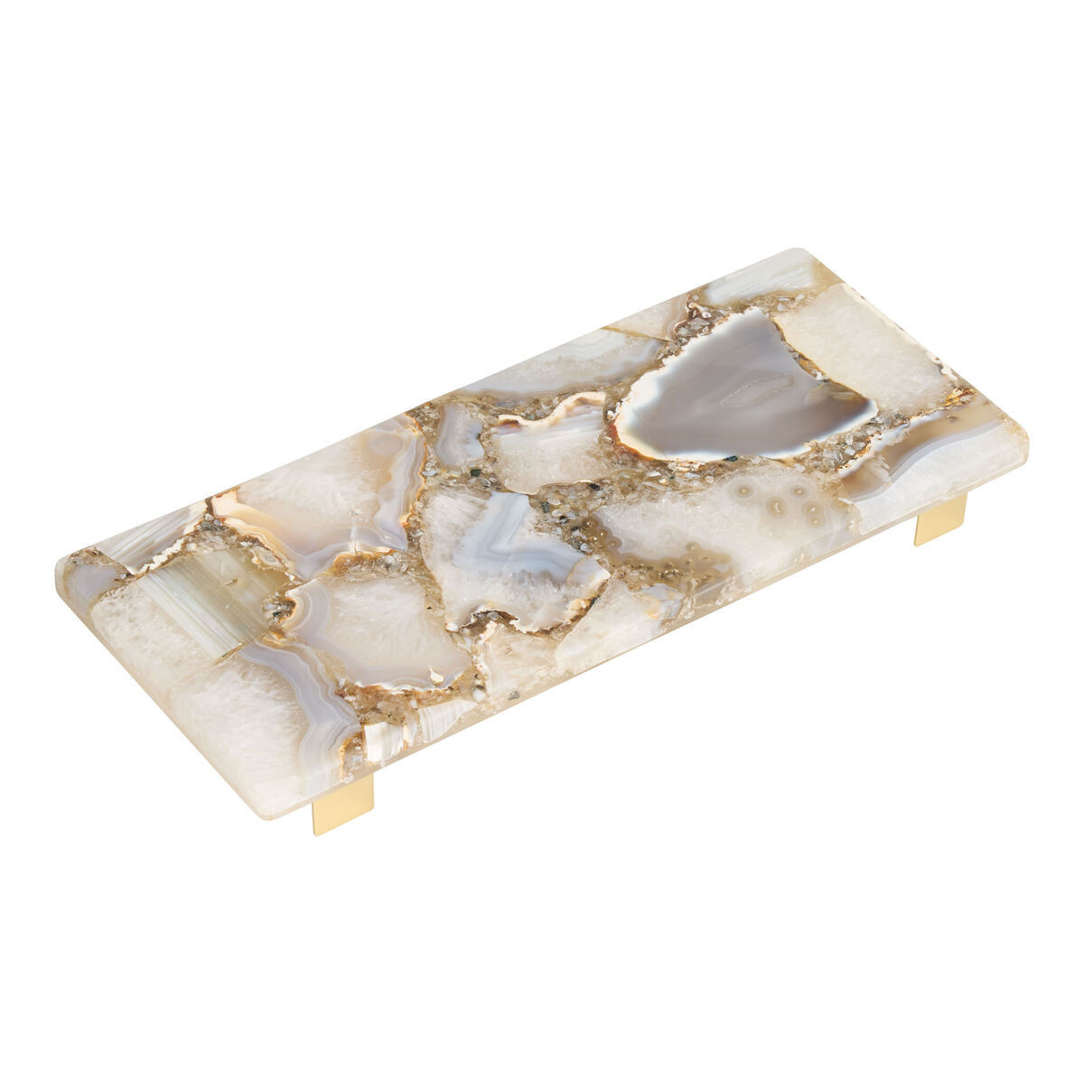 Semiprecious Agate and Gold Metal Footed Serving Tray in White/brown/gray by World Market | World Market