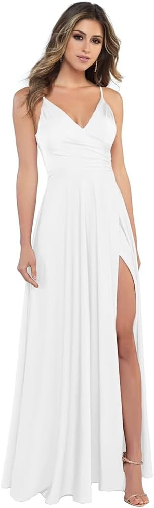 Lindo Noiva Satin Bridesmaid Dresses for Women Spaghetti Strap A-Line V-Neck Formal Evening Gowns... | Amazon (US)