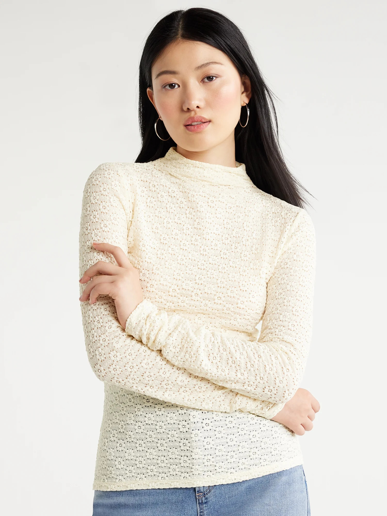 Scoop Women's Lace Turtleneck Top with Long Sleeves, Sizes XS-XXL | Walmart (US)