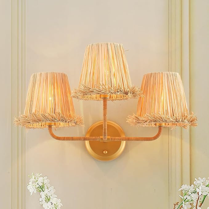 Boho Hand Woven Rattan Wall Sconces 3-Lights Wall Lamp Coastal Brass Wall Lights for Hallway Vani... | Amazon (US)