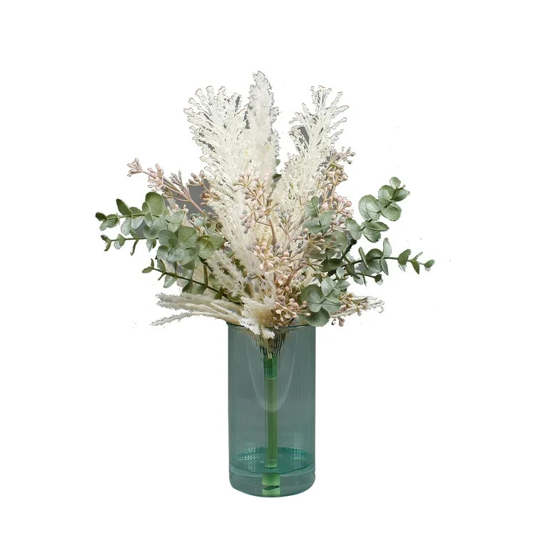 Home Decor Collection 15” Artificial Mixed Floral Arrangement in Green Ribbed Glass Vase for Ta... | Walmart (US)