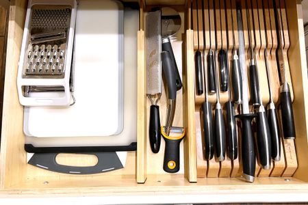 Starting with one drawer at a time. 
Save some counter space, and move your knives to a drawer. Grouped together with all other cutting tools it makes things easy to find. #kitchenorganization
#Drawerorganization #knifeorganization
#organization