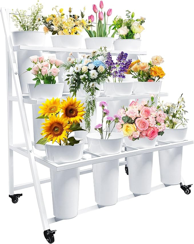 Flower Display Stand with 12 Buckets, Flower Cart 3 Layers, Flower Stand Metal with Wheels, Movin... | Amazon (US)