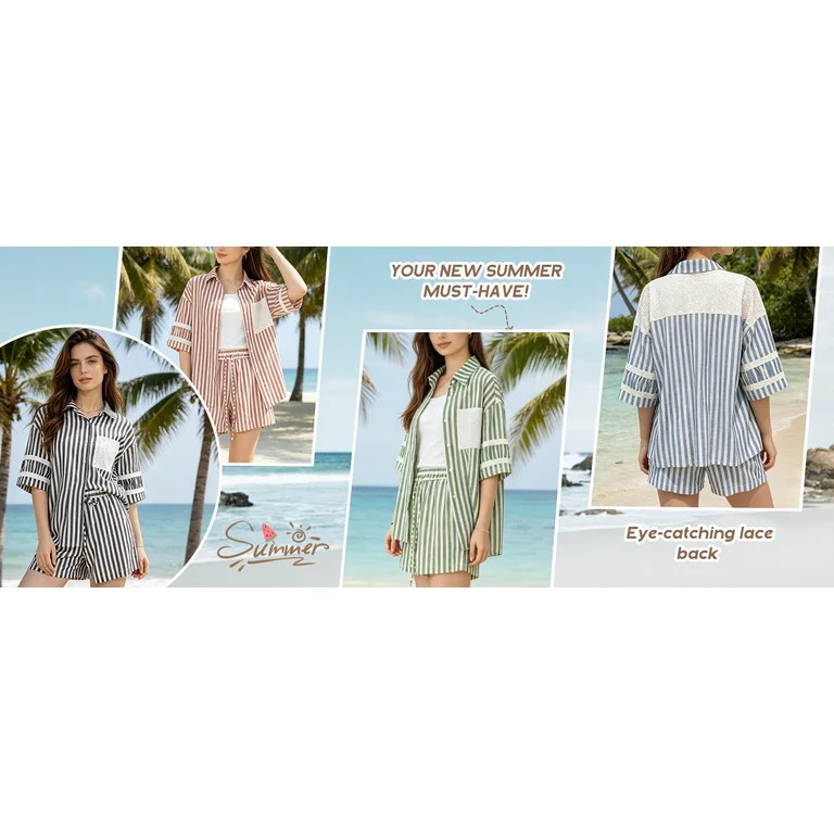 Womens Striped Sets 2 Piece Short Sleeve Button Down Top and Shorts Lounge Wear Outfits - Walmart... | Walmart (US)