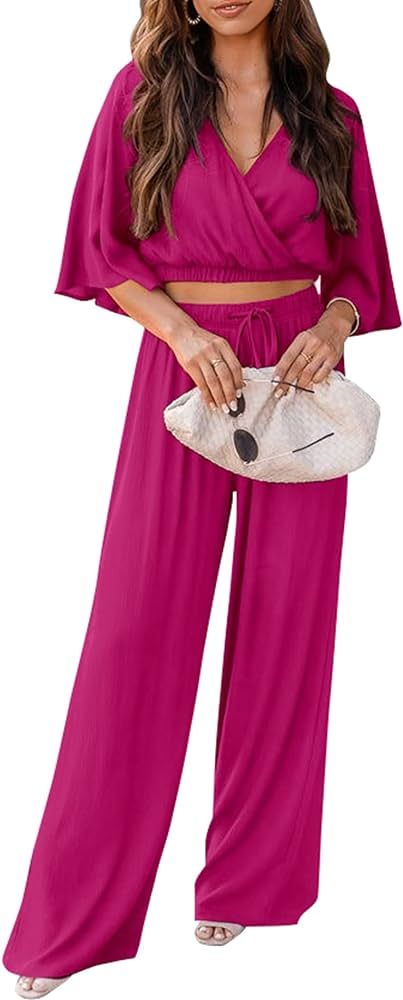 PRETTYGARDEN 2 Piece Outfits For Women 2024 Summer Short Sleeve Wrap V Neck Crop Tops Wide Leg Pa... | Amazon (US)