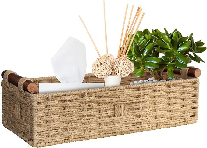 Round Paper Rope Storage Basket with Handle, Beige, 14.5in x 6.6in x 3.74in | Amazon (US)