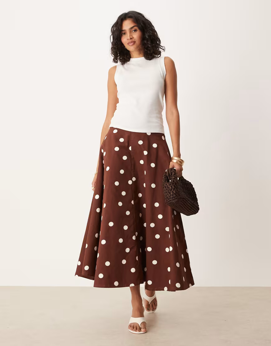 ASOS DESIGN denim circle skirt in brown polka dot | ASOS (Global)