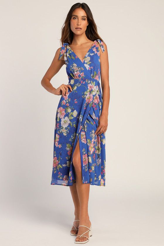 Sensational Season Blue Floral Print Tie-Strap Wrap Midi Dress | Lulus