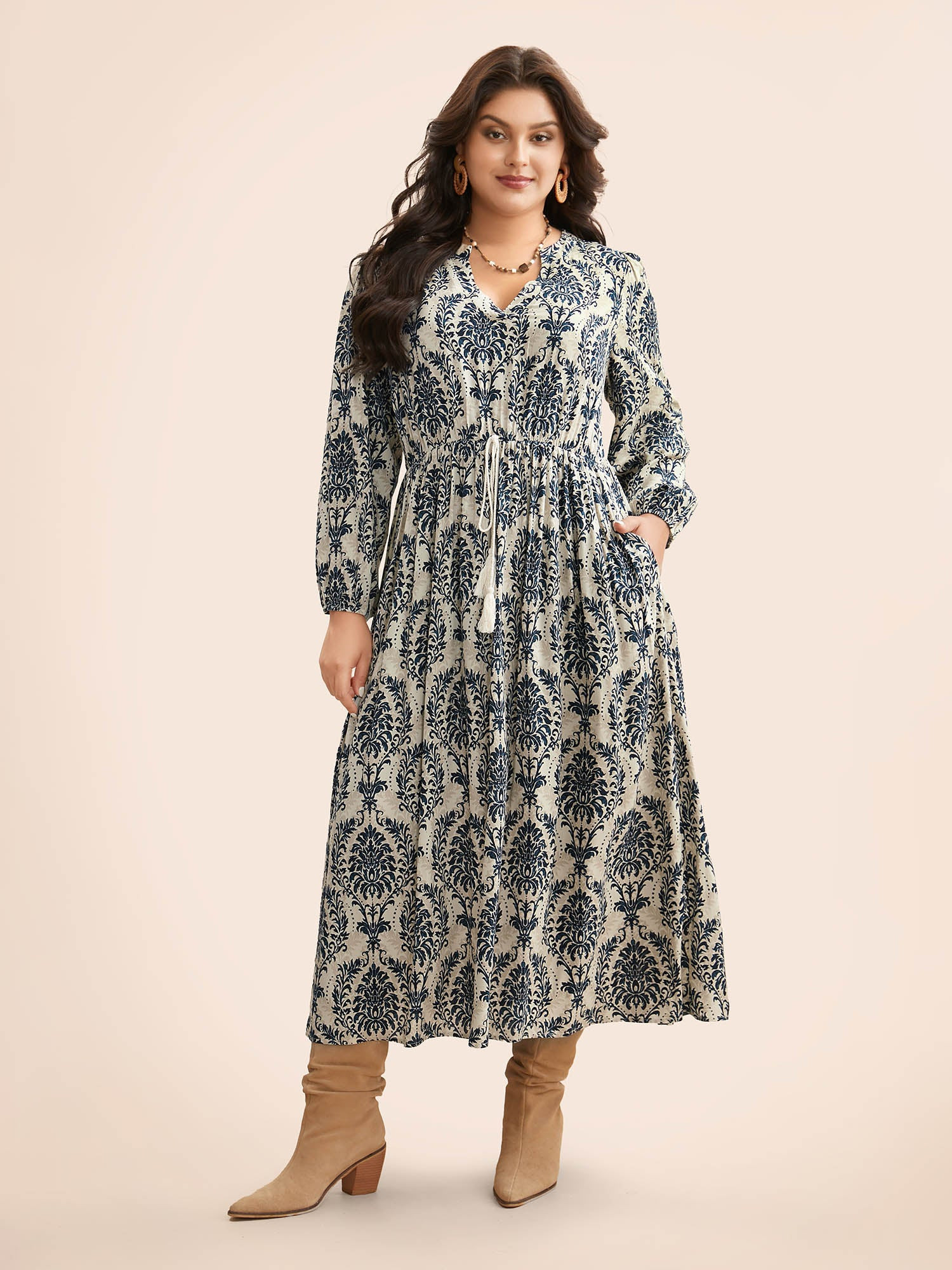 Boho Print Notched Tie Knot Maxi Dress | Bloomchic