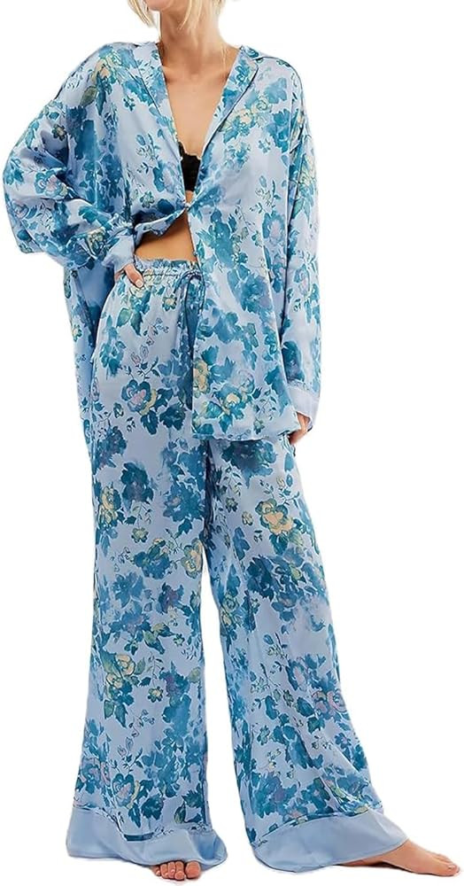 Women 2 Piece Floral Pajamas Sets Long Sleeve Button Down Shirt Wide Leg Palazzo Pants Y2K Lounge... | Amazon (US)