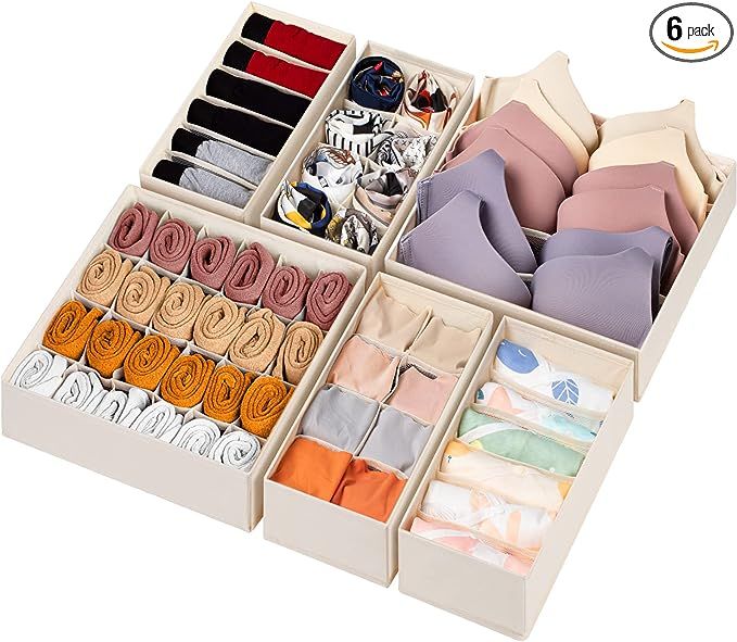 6 Pack Sock Underwear Drawer Organizer Dividers, 58 Cell Foldable Fabric Dresser Closet Organizer... | Amazon (US)