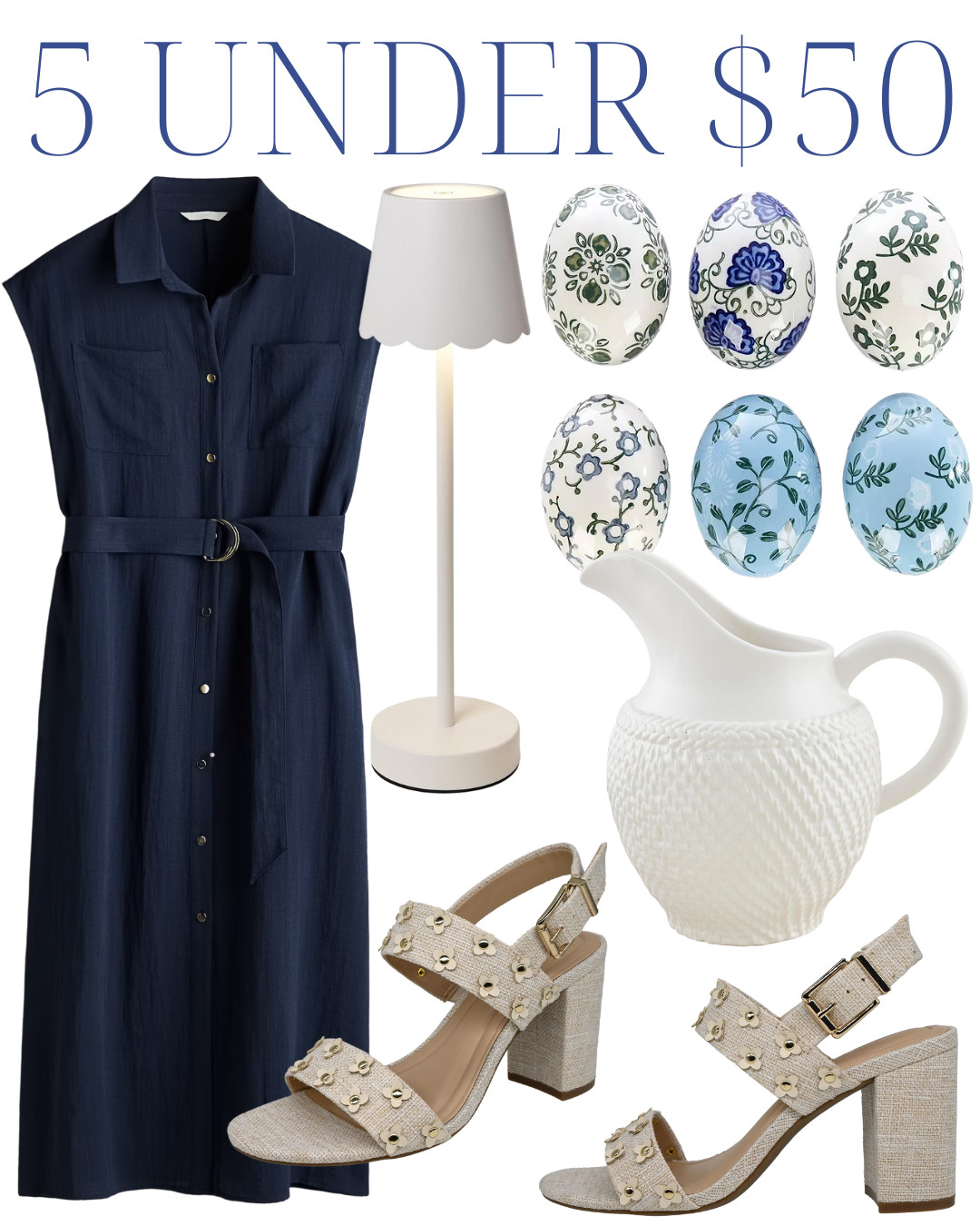 navy linen dress, white scalloped rechargeable lamp, blue and white Easter decor, designer look for less heels, basketweave pitcher 

 #LTKHome #LTKFindsUnder50 #LTKStyleTip
