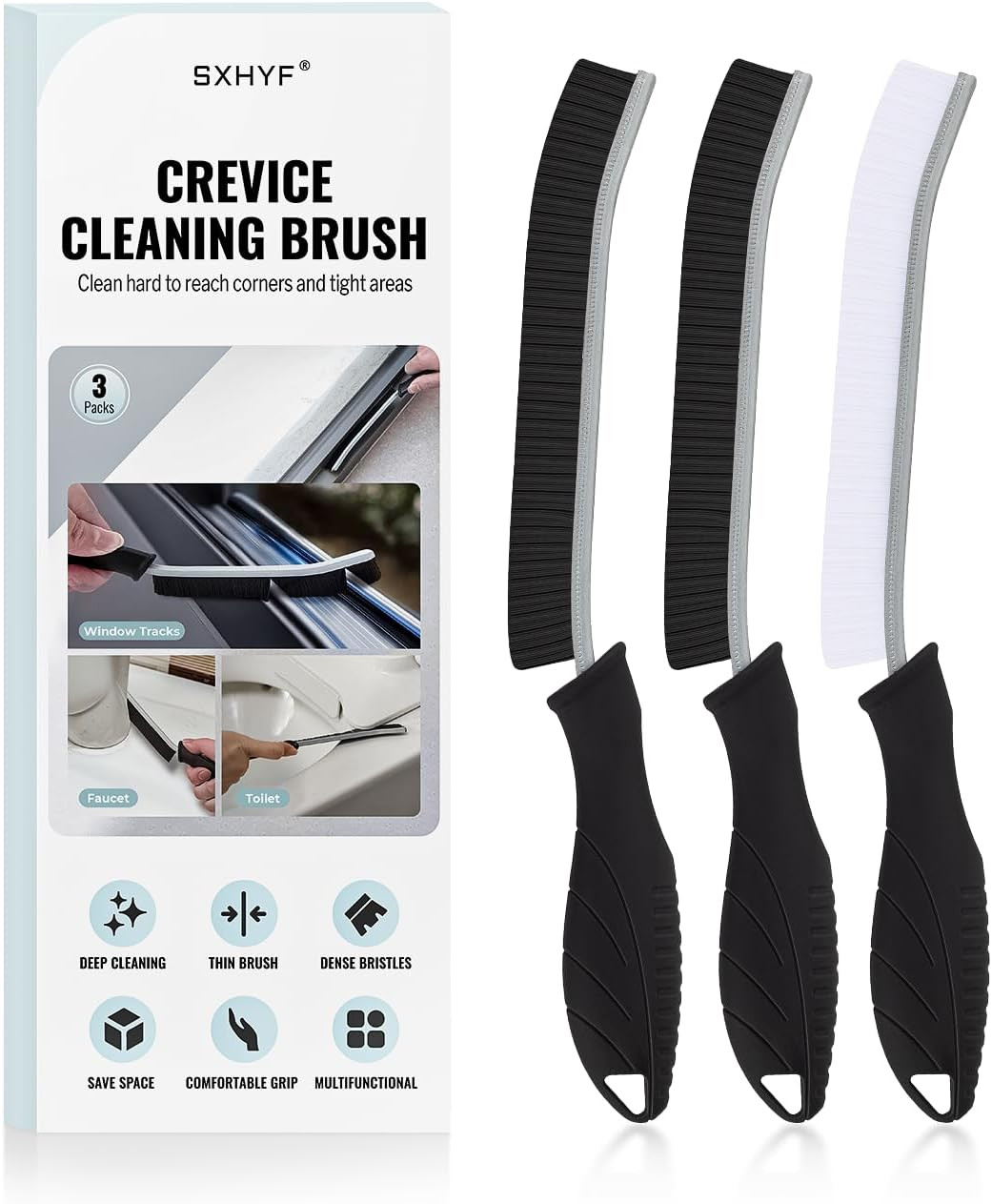SXhyf Hard Bristle Crevice Cleaning Brush - Multifunctional Gap Cleaning Brush, Cleaning Tools for Household Use, Home, Kitchen, Bathroom, Window, Vehicle, Faucets, Toilet, Grout (Black Handles) | Amazon (US)