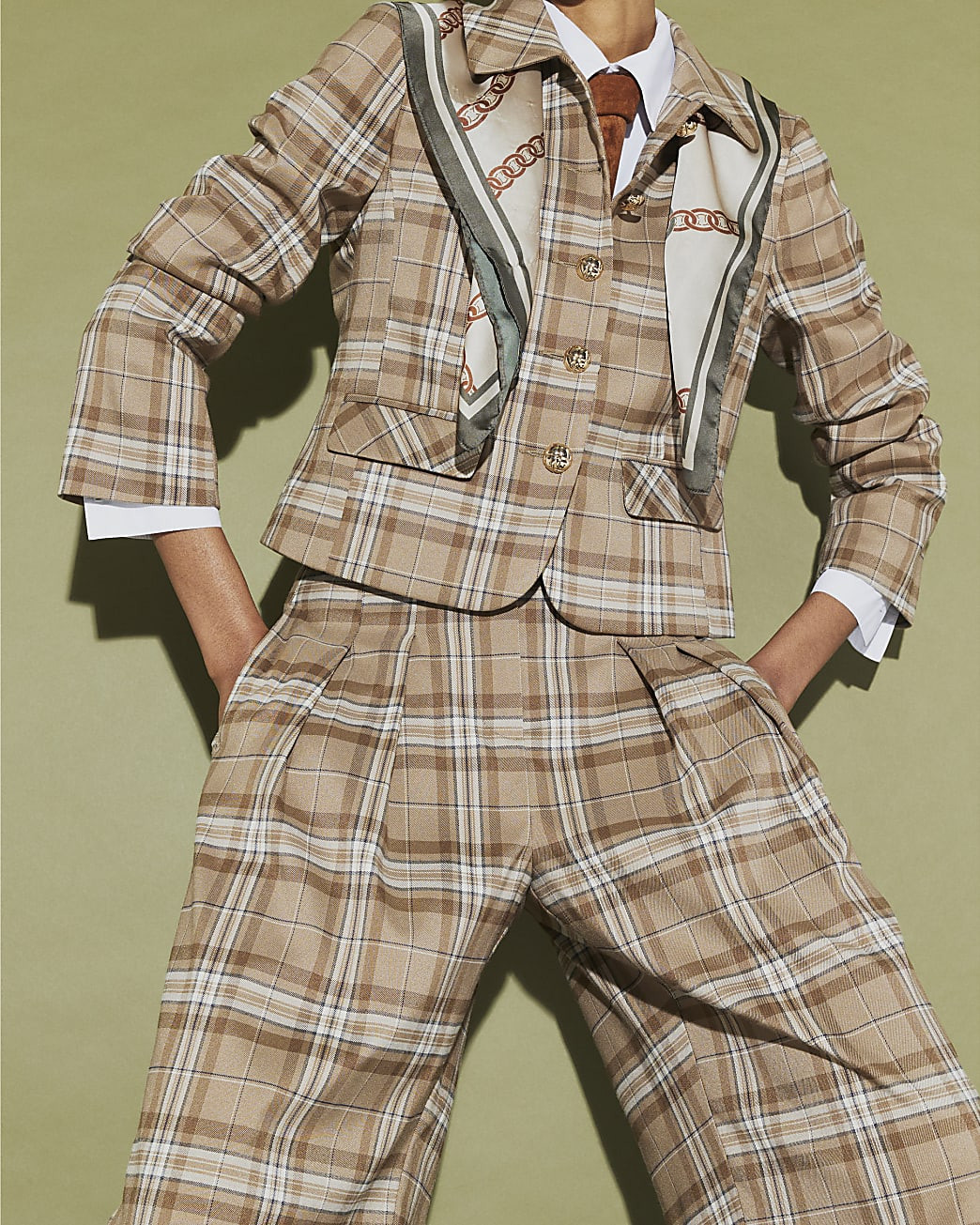 Beige Check Pleated Wide Leg Trousers | River Island UK & IE