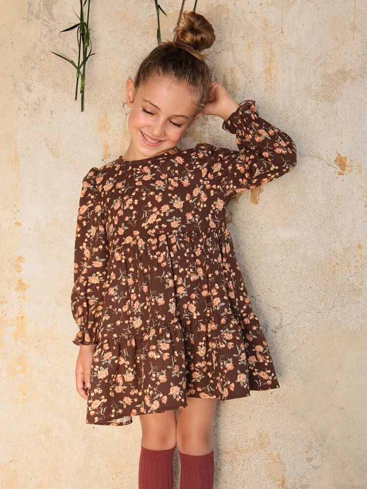 SHEIN Toddler Girls Allover Floral Print Ruffle Hem Dress | SHEIN