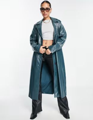 4th & Reckless patent leather look longline coat in petrol blue | ASOS (Global)