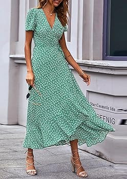 PRETTYGARDEN Women's Summer Maxi Dress Casual Wrap Floral Boho Short Sleeve V Neck Split Ruffle B... | Amazon (US)