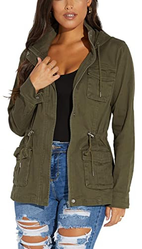 sexycherry Casual Army Green jacket for women Long Sleeve Hooded Outwear Coat With Zipper Button Pockets Drawstrings(3X-Large) | Amazon (US)