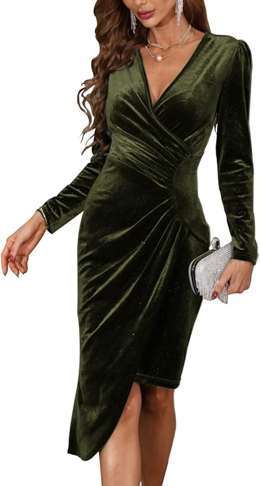 PRETTYGARDEN Women's Ruched Bodycon Velvet Dress Long Sleeve Wrap V Neck Side Asymmetrical Sexy Part | Amazon (US)