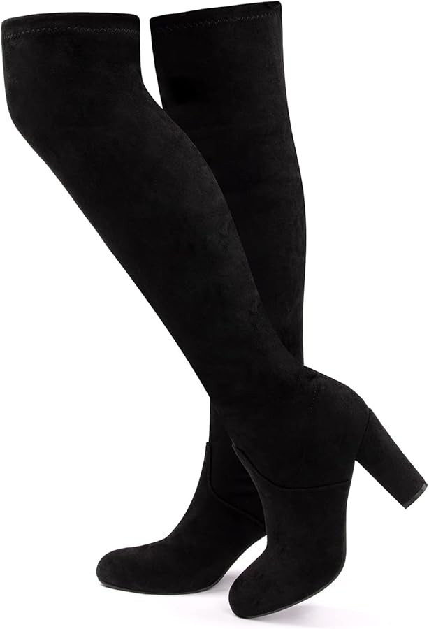 Overknees Stiefel Damen Boots Schnürstiefel Kniehoch Frauen Langschaft Blockabsatz Elastisch Wei... | Amazon (DE)