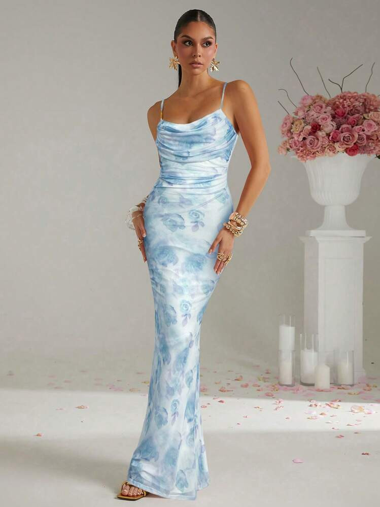 Lumalex Spring Valentine's Day Sweet Beautiful Valentines Outfit San Valentin Valentines Easter Wedding Engagement Coming Of Age Ceremony Women's Luxury Party Floral Print Dress, Ideal For Spring Festival, Valentine's Day Baby Blue Dress | SHEIN