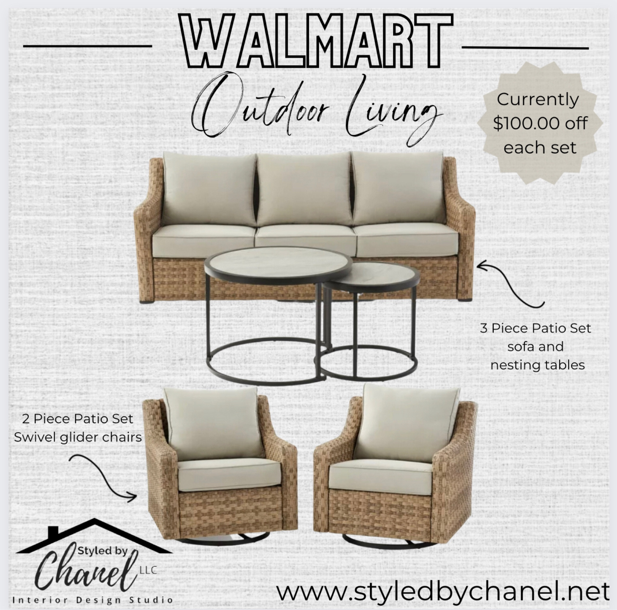 3 piece patio set and swivel glider chairs. Outdoor brown wicker with tan cushions sofa with nesting tables or swivel chairs. Perfect for outdoor living, patio, deck, porch, yard. Trendy, stylish outdoor living .

#LTKSeasonal #LTKhome #LTKFind
