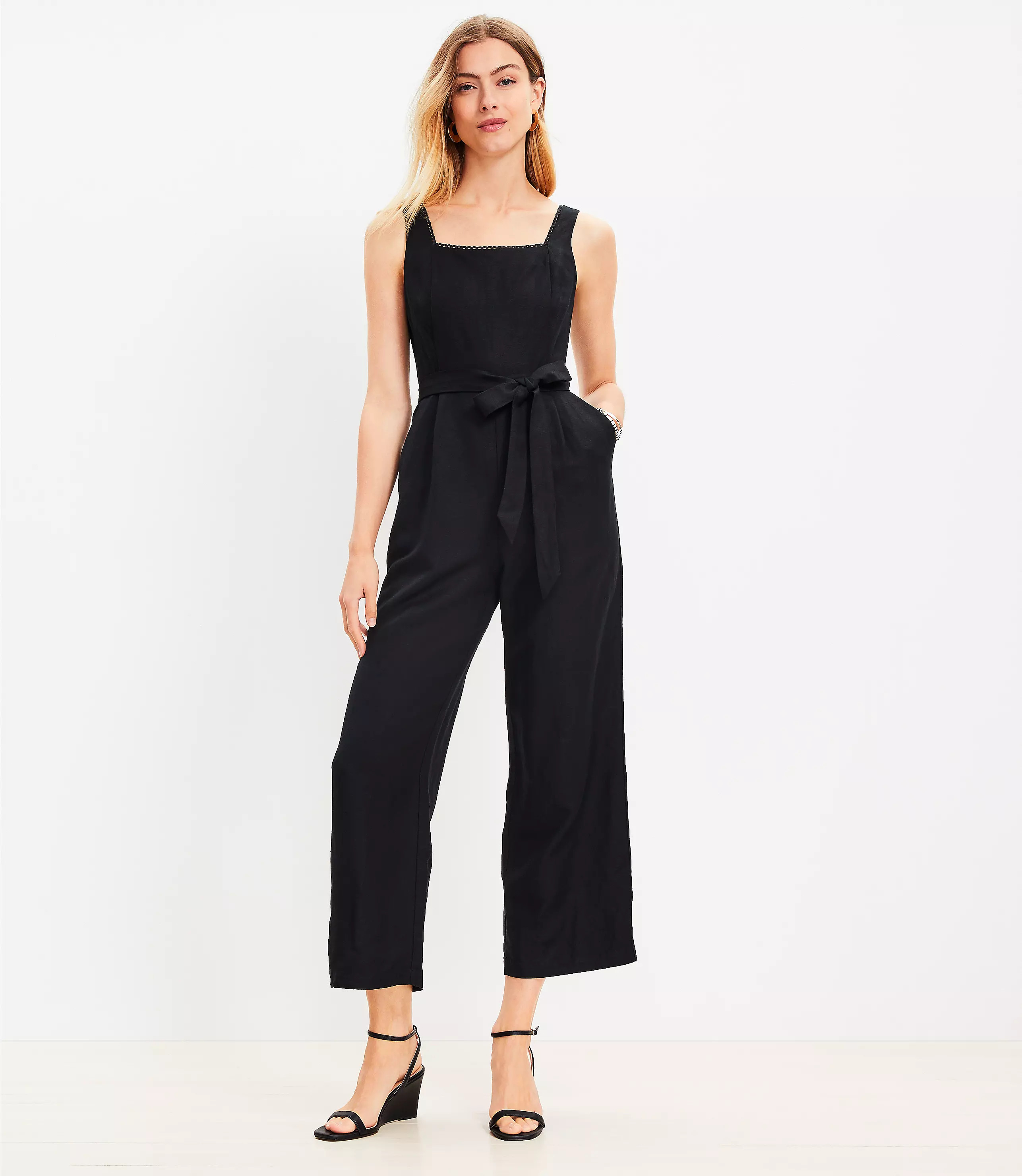 Scalloped Linen Blend Square Neck Jumpsuit | LOFT