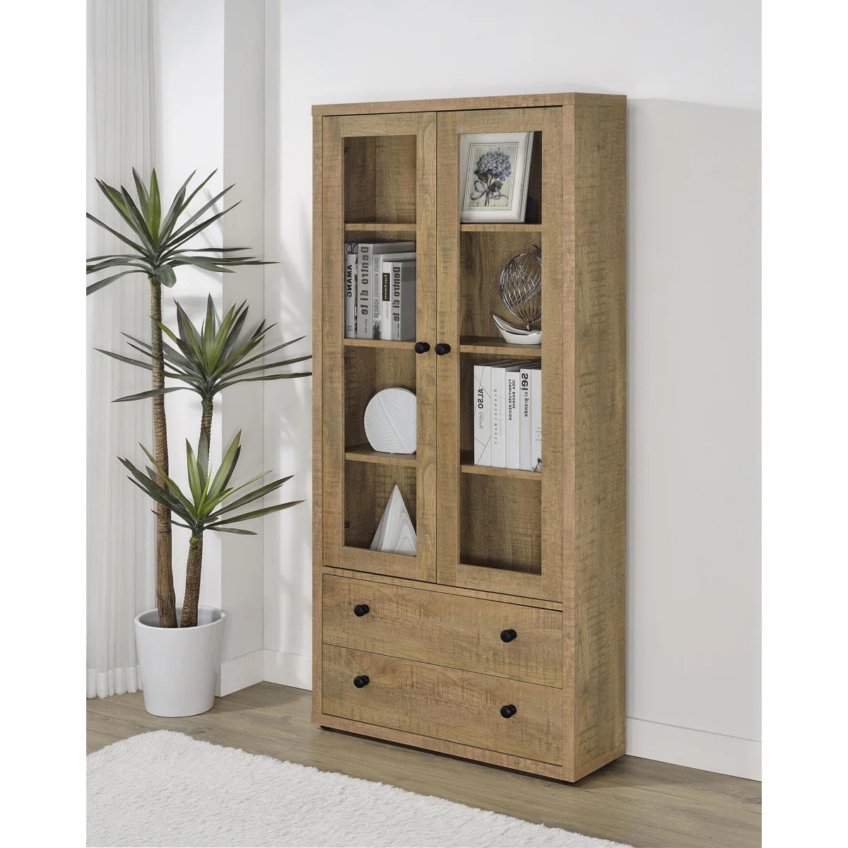 Bogard 4-Shelf Glass Door Tall Cabinet With Drawers | Wayfair North America