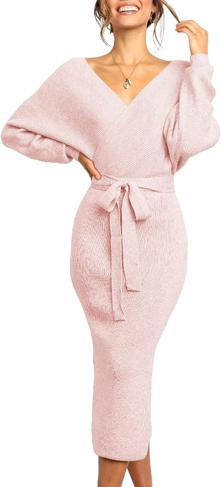 Chang Yun Women's Long Maxi Sweater Dresses Sexy Wrap Batwing V Neck Slit Open Back Holiday Bodyc... | Amazon (US)